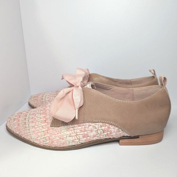 NWOB Kelsi Dagger Blush Pink Tweed & Leather Lace Up Pointed Toe Oxfords 10 - Picture 4 of 10